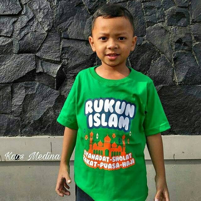 Kaos Anak Muslim 'Rukun Islam' Hijau Fuji