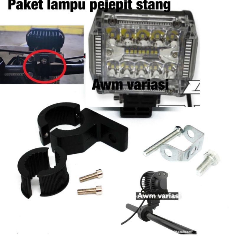 Bracket Breket Braket Crashbar Jepit Dudukan Lampu LED Bar Stand Tembak Stang Motor 25 - 30 mm + lampu tembak 3 senja 6,18,24 mata