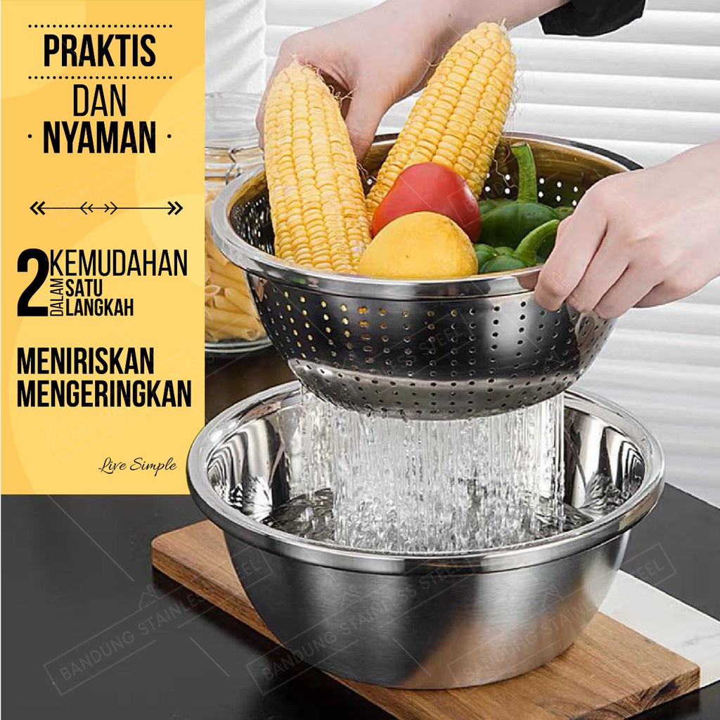 5pcs baskom set stainless tebal dapur lubang cuci beras sayur wadah makanan