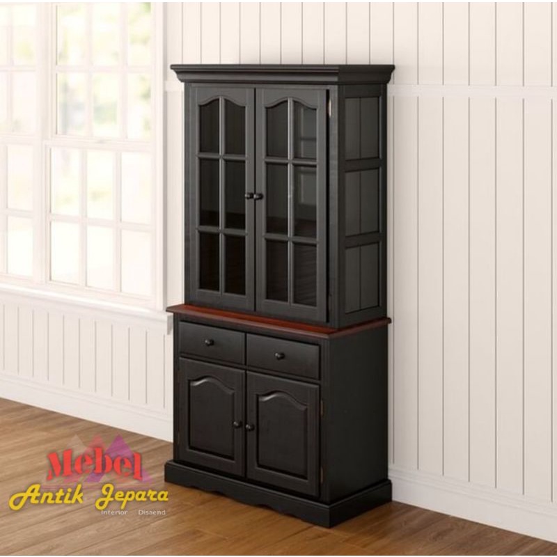 Lemari dapur jati minimalis kaca