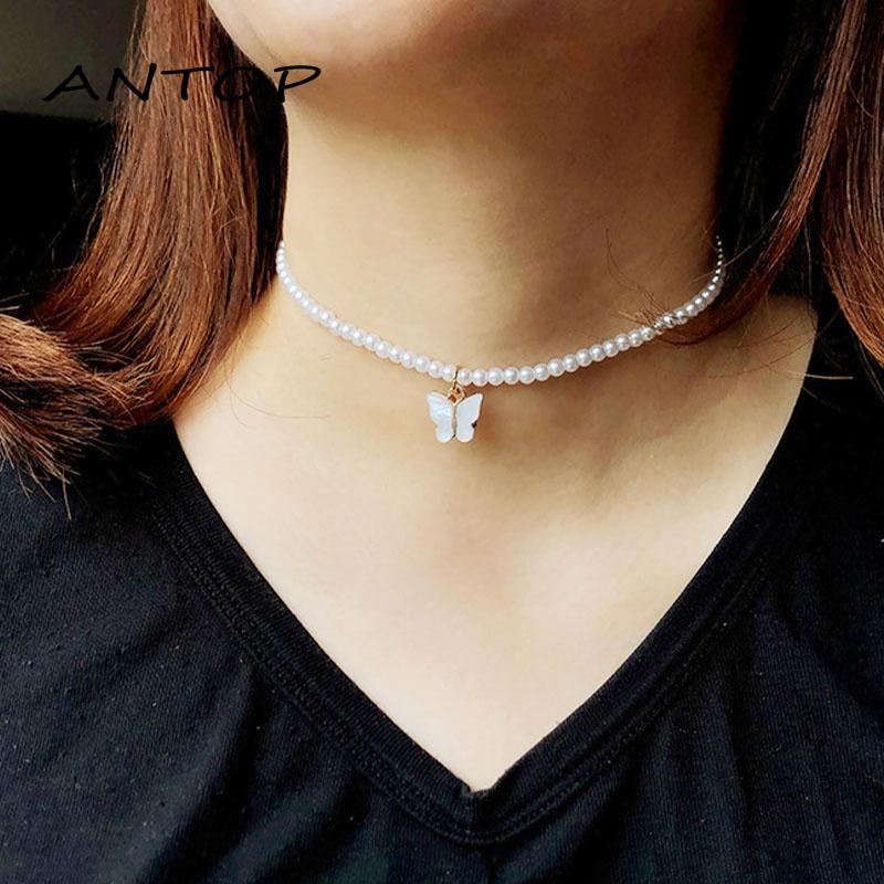 1 Pcs Korea Kalung Mutiara Panjang Asli Kupu Baja Titanium Perhiasan Pearl Necklace ANTOP