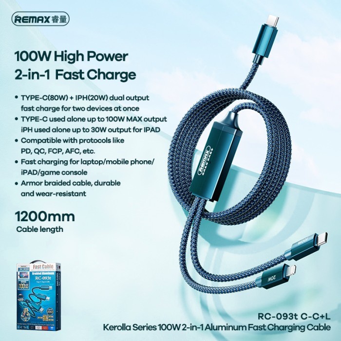 100W QC PD Kabel Data Fast Charging Type-C to Type C Iph REMAX RC-093t