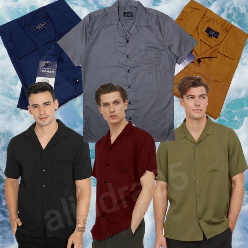 BASIC COLOUR SHIRT  Kemeja Polos Lengan Pendek Kasual Pria Krah piayama