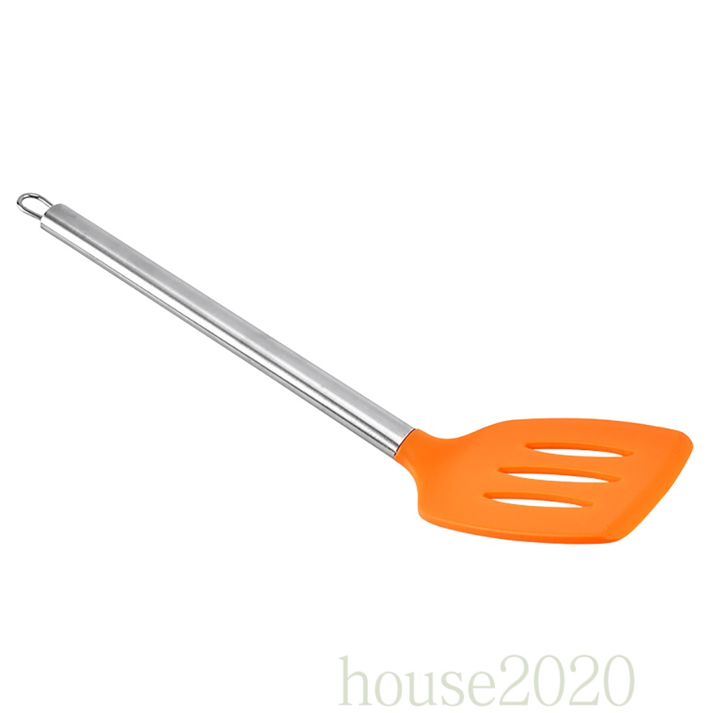 (House2020) Spatula Slotted Turner Bahan Silikon Flexible Warna Oranye