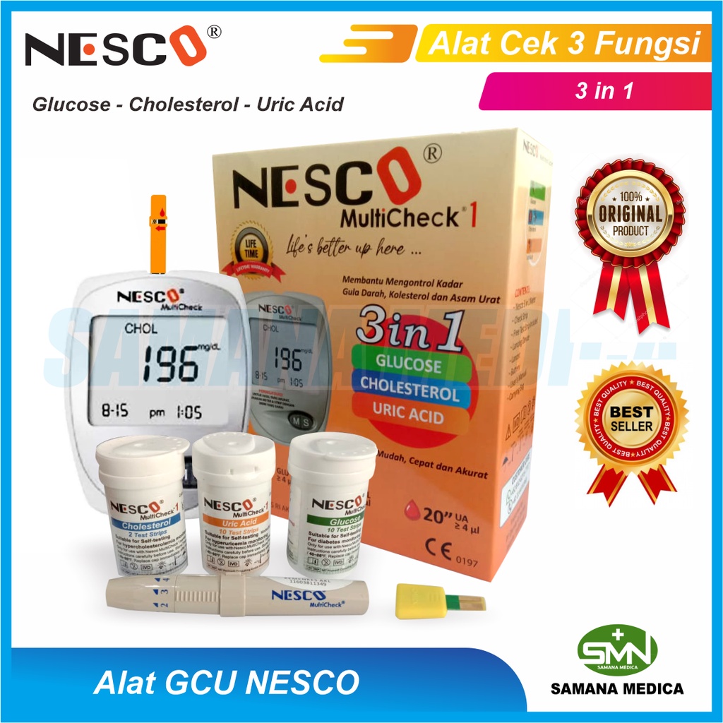 Alat Tes Gula Darah Kolesterol Asam Urat Nesco GCU Untuk Alat Nesco Multicheck GCU 3 in 1 Paket Lengkap Alat Lancing Pen Jarum Strip