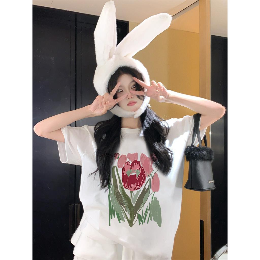 EUNII T-shirt Lengan Pendek Cartoon Oil Painting Flowers Korean Style/Kaos Atasan Wanita/Baju Kaus Oversize Wanita/Kaos Wanita