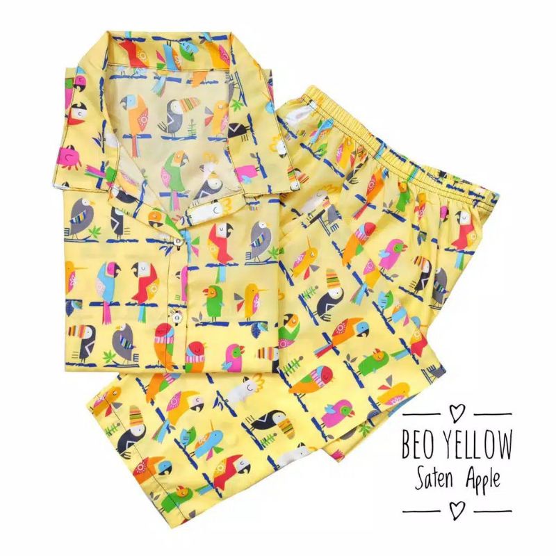 Piyama Wanita Baju Tidur Wanita Dewasa Baju Tidur Piyama Satin Apple-Beo Yellow