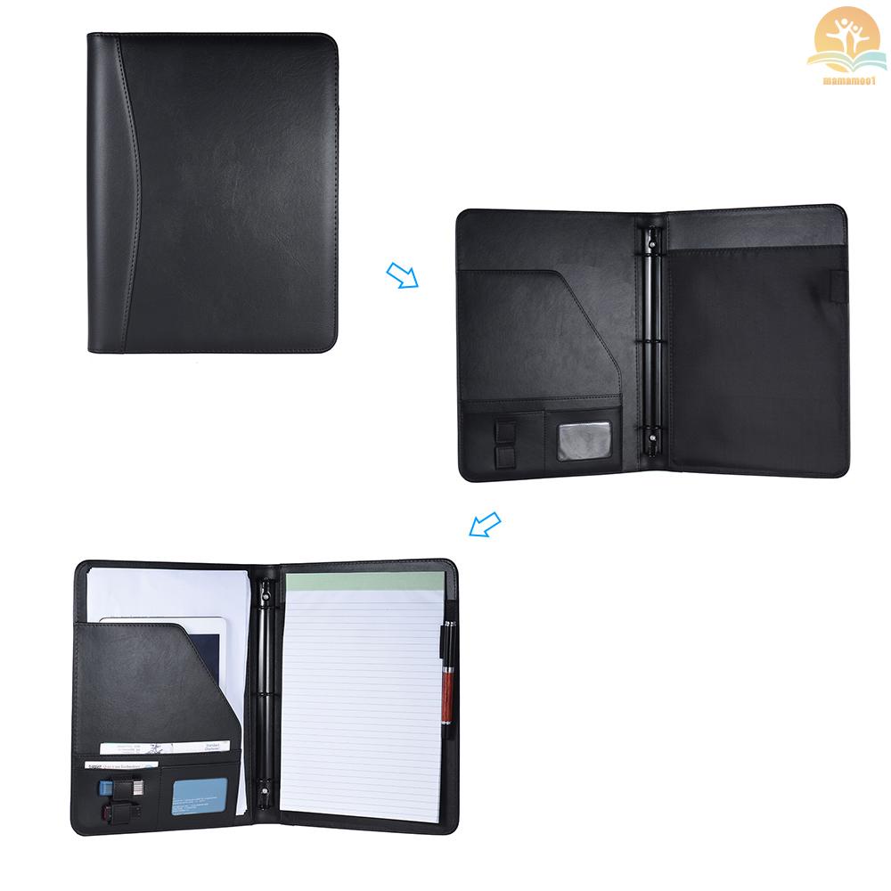 Professional Business Portfolio Padfolio Folder Document Case Organizer A4 PU Leather with Business Card U Flash Disk Holder Memo Note Pad Loose-leaf Loop