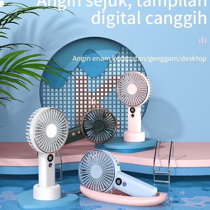 Borong Meriah Kipas Angin Portabel 2400mah Super Kapasitas tinggi Enam Kecepatan Adjustable Power Wind Ultra Tenang Mini Murah Kipas Desktop Kipas Genggam LED Digital Display Type C Cooling Office Outdoor Travel home