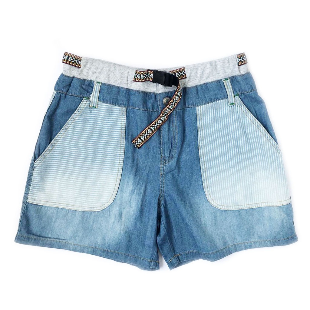 Celana Pendek Denim Jeans Soft Wash Dengan Tribal Strap Korea Import