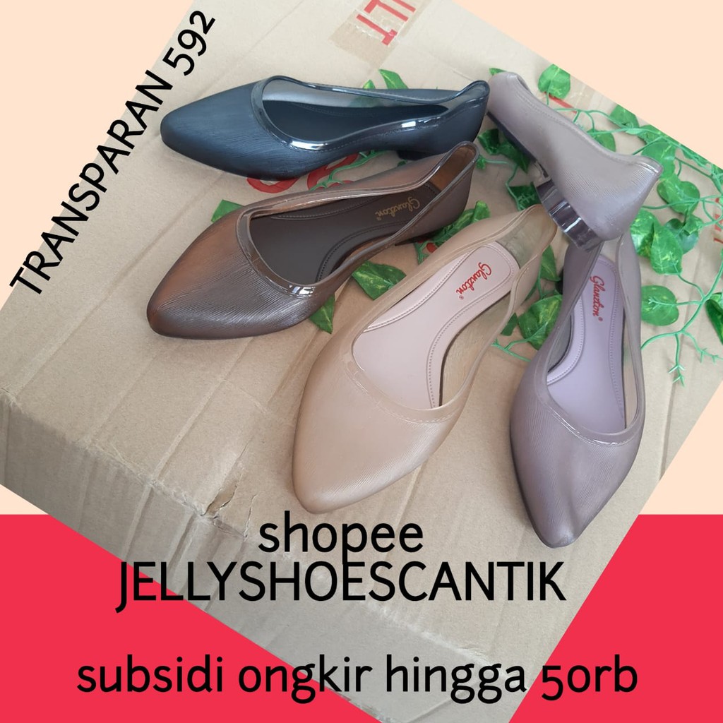 Sepatu Flat Wanita 592 Motif Garis2 Jelly Shoes Merk Glanzton