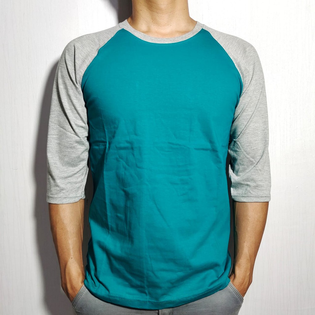 kaos polos reglan hijau tosca lengan abu misty 3/4 20 22 S M L XL XXL