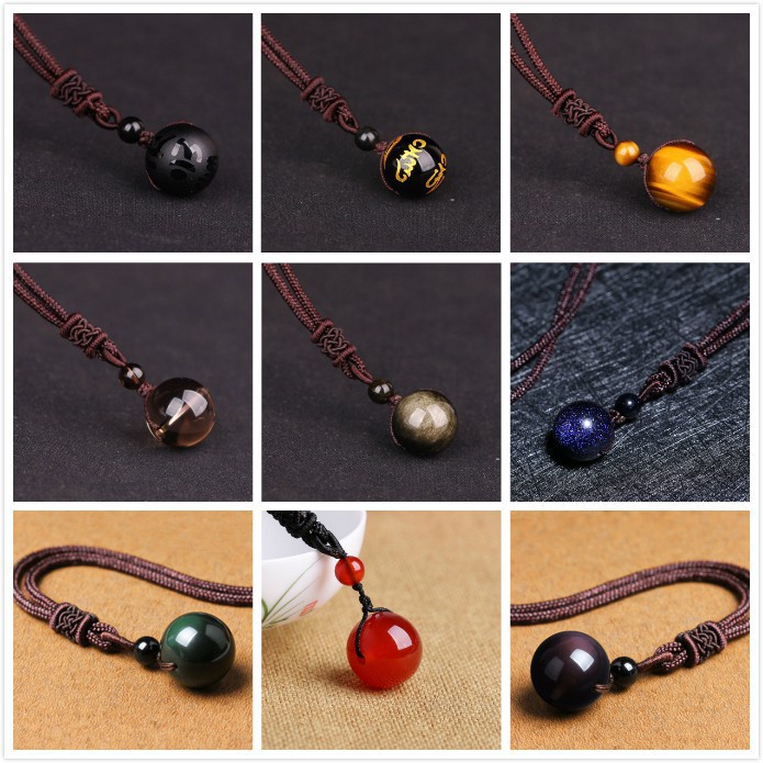 Lucky Bead 16Mm Obsidian Sandstone Agate Smoky Quartz Necklace Pendant Natural Genuine Crystal