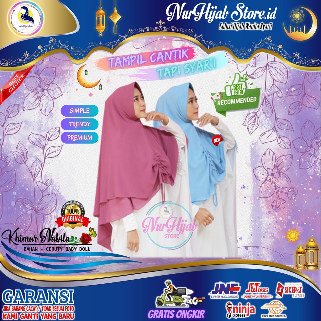 Hijab Jilbab Kerudung Khimar Nabila Wanita Cantik Syari Ceruty Motif 2 Layer Pet Jumbo Murah Terbaru
