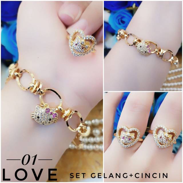 Set Perhiasan DEWASA Lapis Emas Xuping Gelang Cincin Permata Hello Kitty Gold Mewah Titanium Cantik