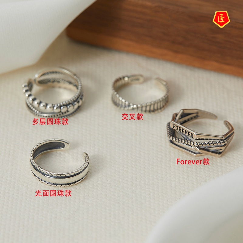 [Ready Stock]S925 Silver Glossy round Beads Ring Women's Retro Fashion Stripes
