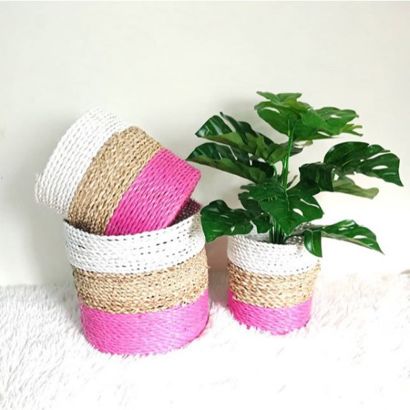 Cover pot seagrass pink combinasi set isi 3