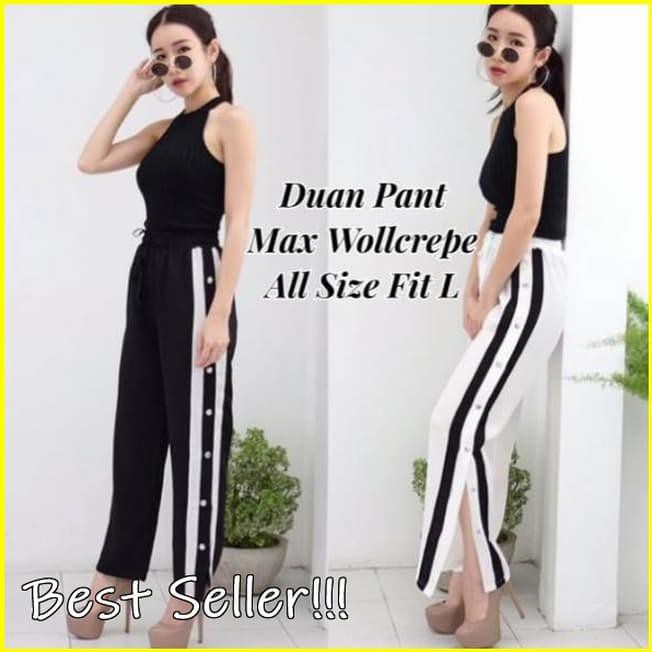 j5a1 celana training duan pant pants cewek wanita kancing - hitam - putih leqc