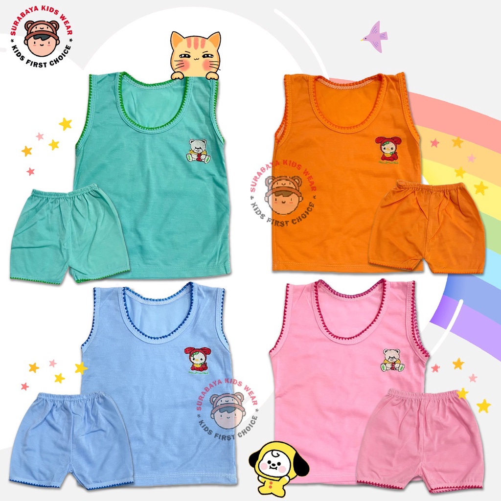 Setelan Singlet Anak Polos Warna Bordir Motif Hewan