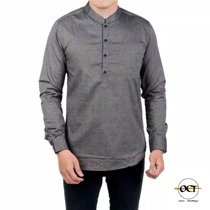 Baju Koko Kurta Polos Pria Dewasa Lengan Panjang Material Katun TOYOBO RM Size M L XL Varian Maroon-Grey