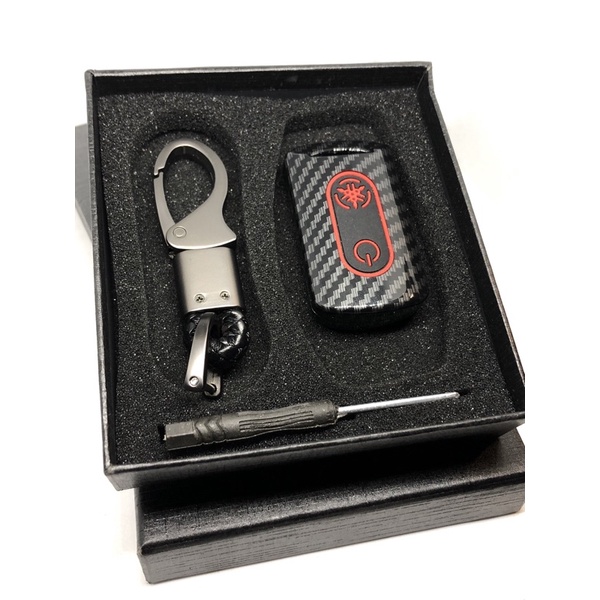 Karbon Cover Remote Kunci Smart Key Motor Yamaha AEROX NMAX LEXY FAZZIO Premium Keyless-Hitam Garis Merah