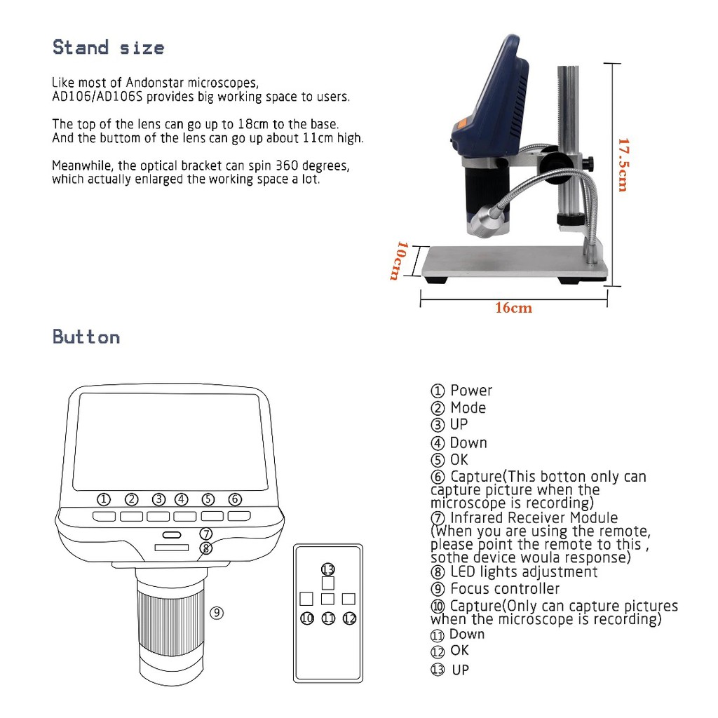 ANDONSTAR AD106S - Digital USB Full HD Microscope 4.3-inch Screen