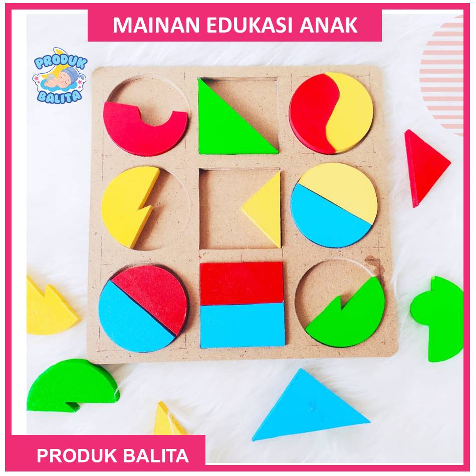 Mainan Edukatif Edukasi Anak Perempuan Laki Laki PAUD TK Susun Pecahan 9 Geometri APE Pecahan