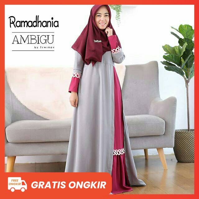 RAMADHANIA, GAMIS BAHAN Crepe Dress AMBIGU BY IRWINOV, Pakaian Muslim Tidak Busui Kombinasi Renda