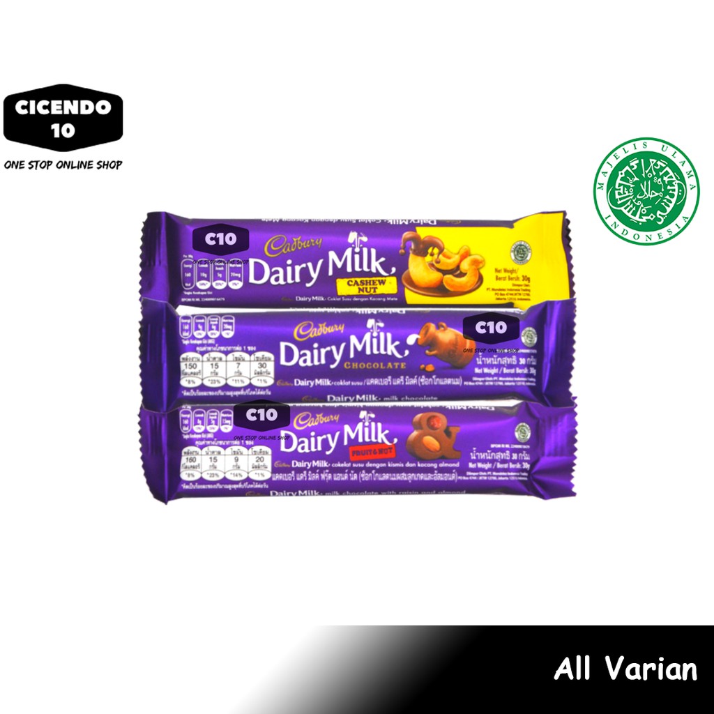 Jual VARIAN Coklat Cadbury Dairy Milk Aneka Rasa Kemasan 30gr Halal