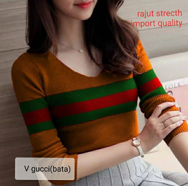 Atasan Gucci v-neck raju pjg/ inner rajut wanita