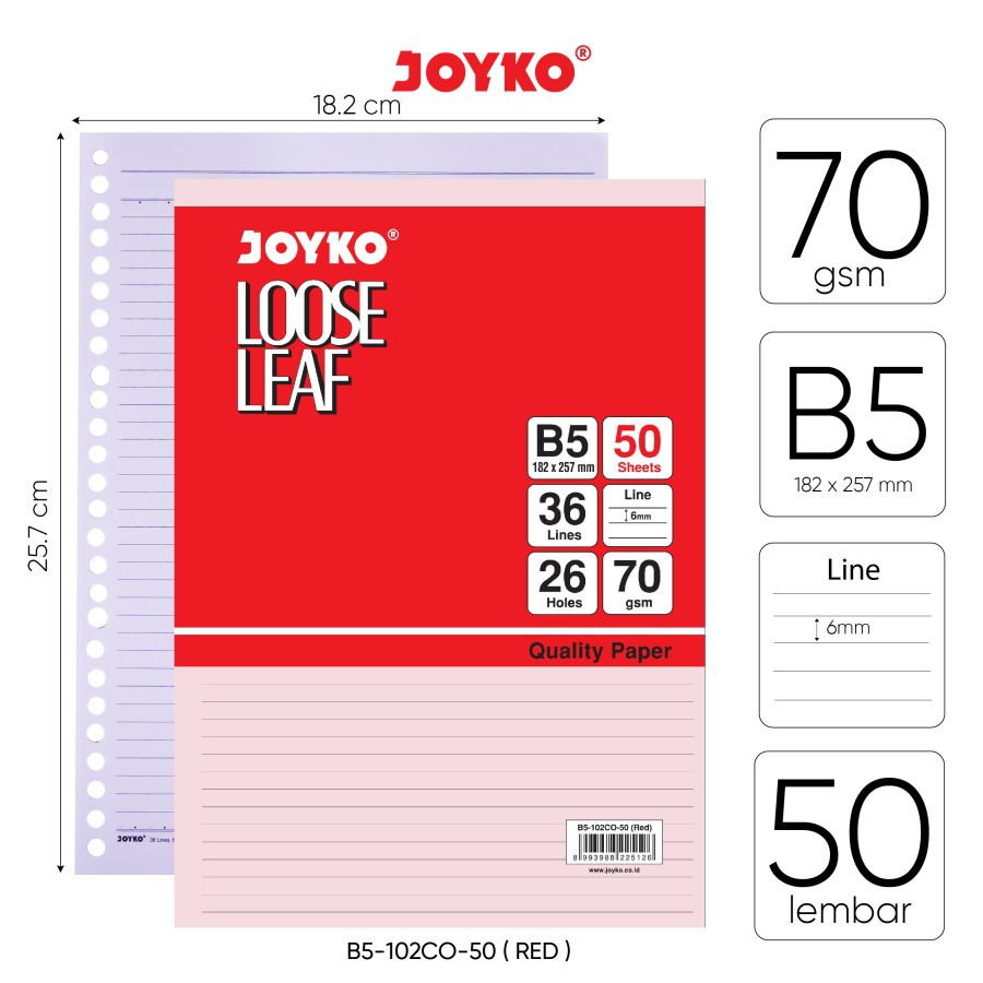 

LOOSE LEAF B5 WARNA | JOYKO B5-102CO | ISI KERTAS FILE BINDER | GARIS | ISI 50 LEMBAR | 70 gsm