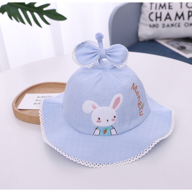 Topi Bucket Anak Bayi Model Rabbit Mengdu Bahan Jaring Musim Panas-Biru