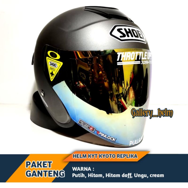 HELM KYOTO DYR PAKET GANTENG | SUDAH TERPASANG STIKER SHOEI | REPLIKA KYT KYOTO PUTIH-Grey doff