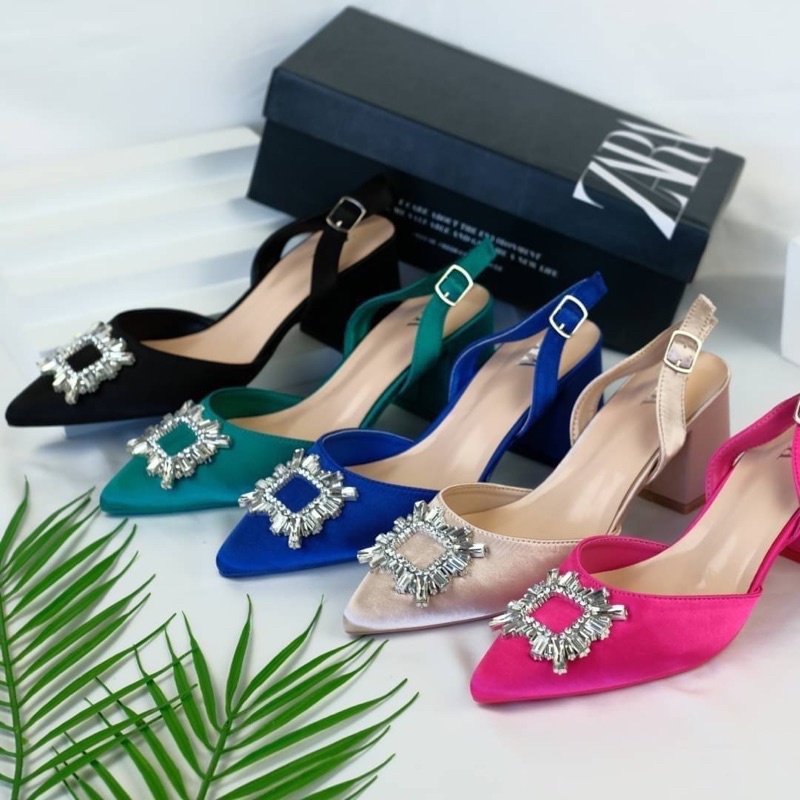 Sepatu Hak Tinggi Wanita ZR Satin Slingback Chunky High Heels 6,5cm Premium Import, Hitam Black Puti