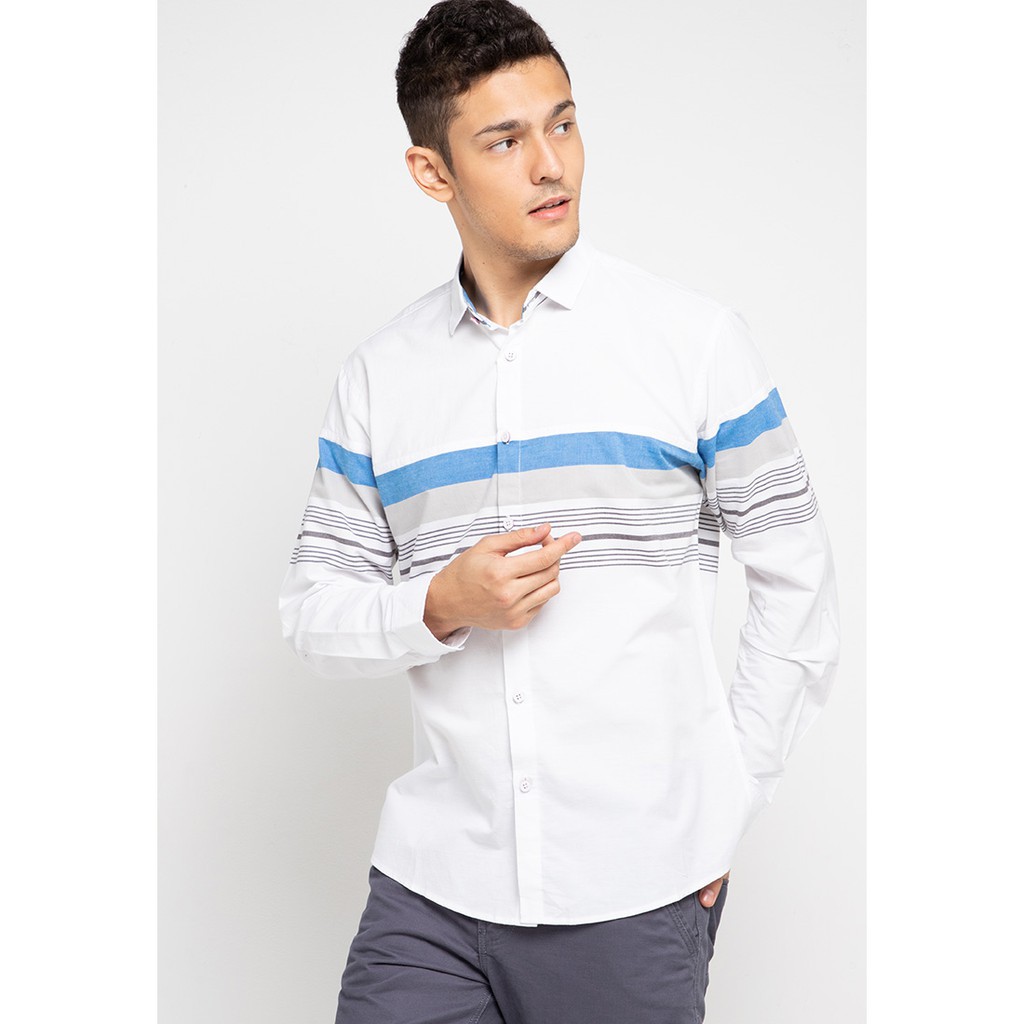 GTS Kemeja Pria Salur Stripe Panjang Warna Putih Biru 1141