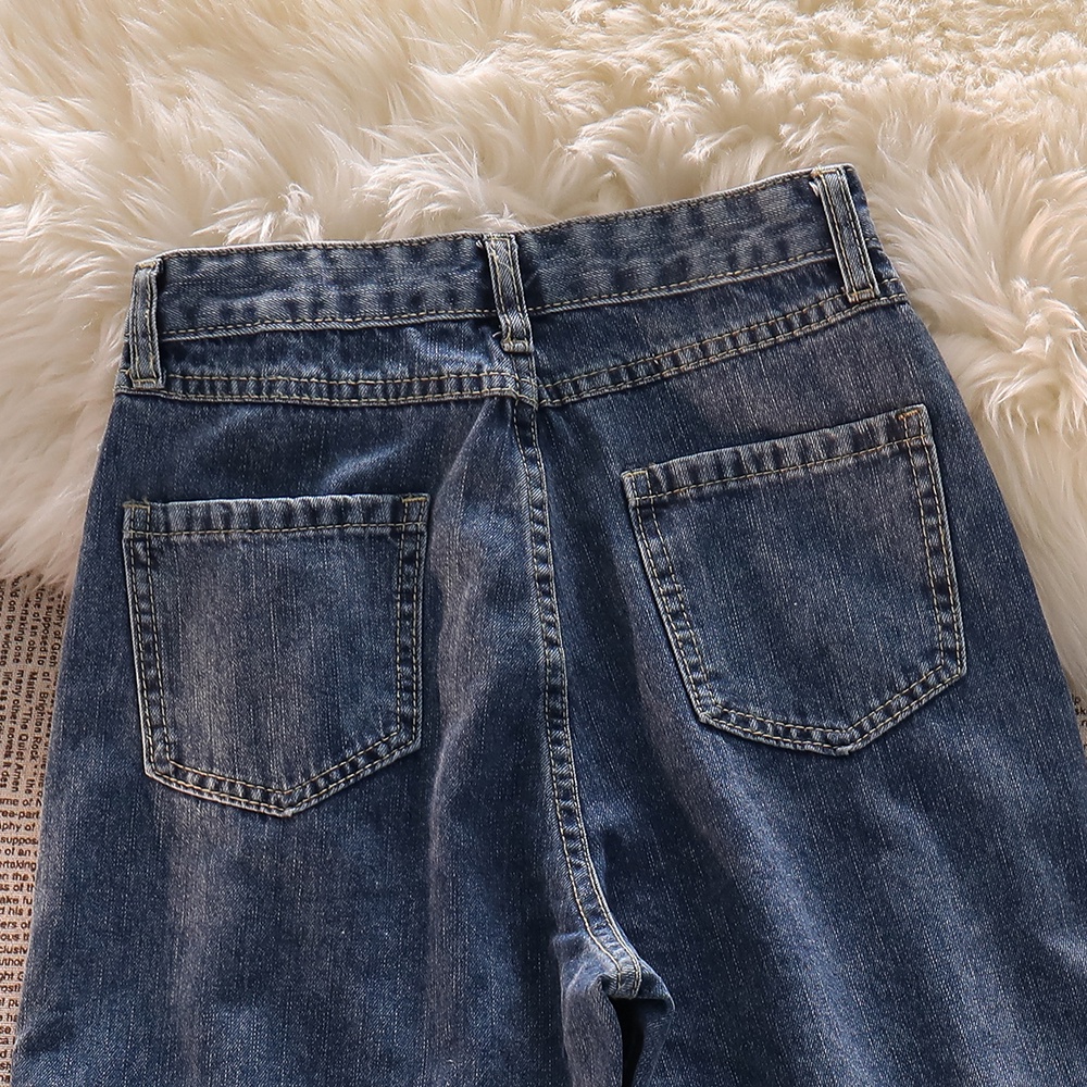 Biru Keren Terbaru Highwaist Lurus Loose Celana Jeans Panjang Wanita Import【COD】