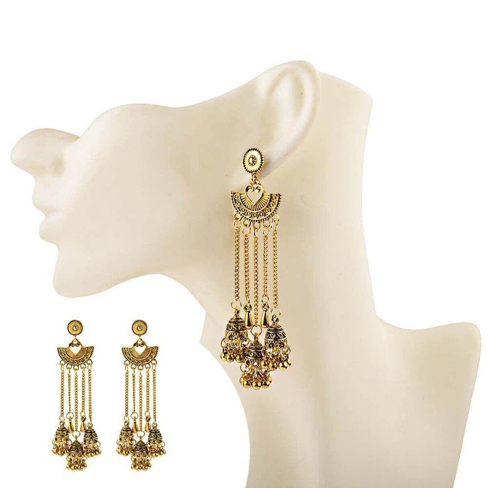 NEEDWAY Needway Giwang Anting Rumbai Panjang Elegan Vintage Lonceng Gipsi Hadiah Wanita India Jhumka Drop Earrings