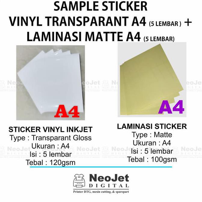 

Ready Stock] Sample Sticker Vinyl Inkjet Transparan Glossy + Laminasi Matte Doff A4