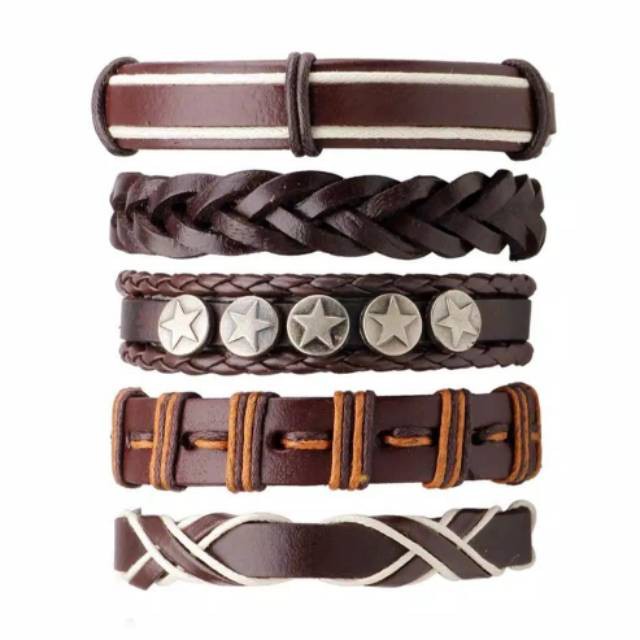 Gelang Fashion Pria set isi 6 - Nuansa Coklat Kulit Rami dgn Emblem Bintang