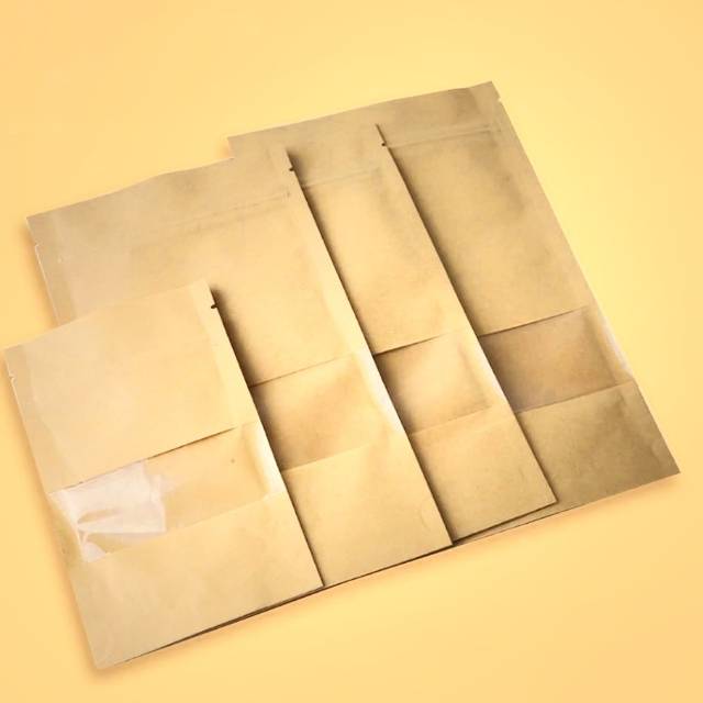 (ISI 10) Standing Pouch Kraft Brown Paper Window 14x22 / Kemasan Packaging Plastik Klip Seal Coklat