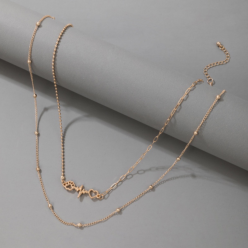 Set Kalung Dua Lapis Bentuk Bola Elektrokardiogram Geometris Hati Cakar Kucing Bahan Alloy