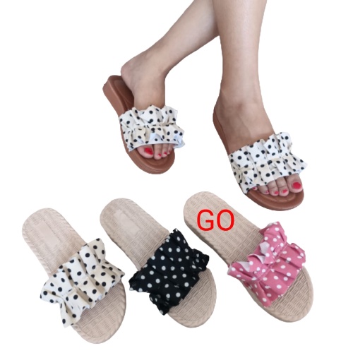 gos Import REMPEL POLKADOT ROTAN Sandal Wanita Murah Slip Casual Teplek Sendal Cewek Flat