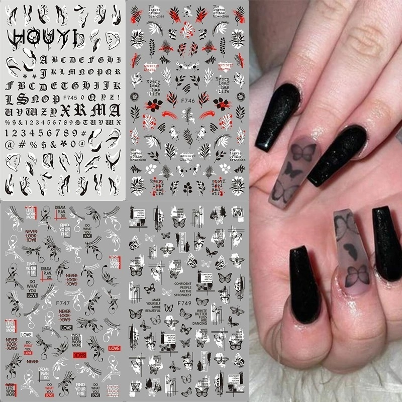 1 Lembar Stiker Kuku Desain Kupu-Kupu Bunga Geometri Warna Hitam Putih Untuk Dekorasi Nail Art Wanita Butterfly