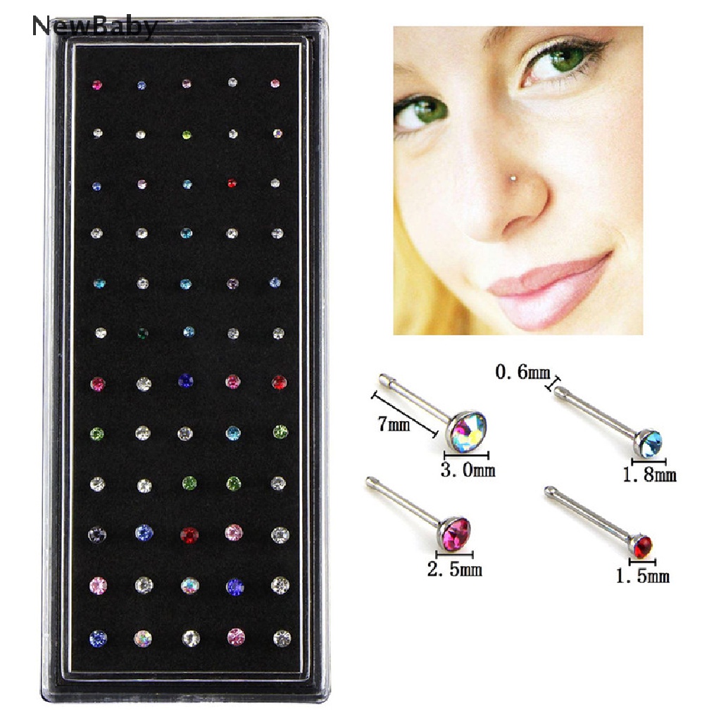 60pcs Anting Tindik Hidung Bahan Stainless Steel Hias Kristal Berlian Imitasi Untuk Wanita