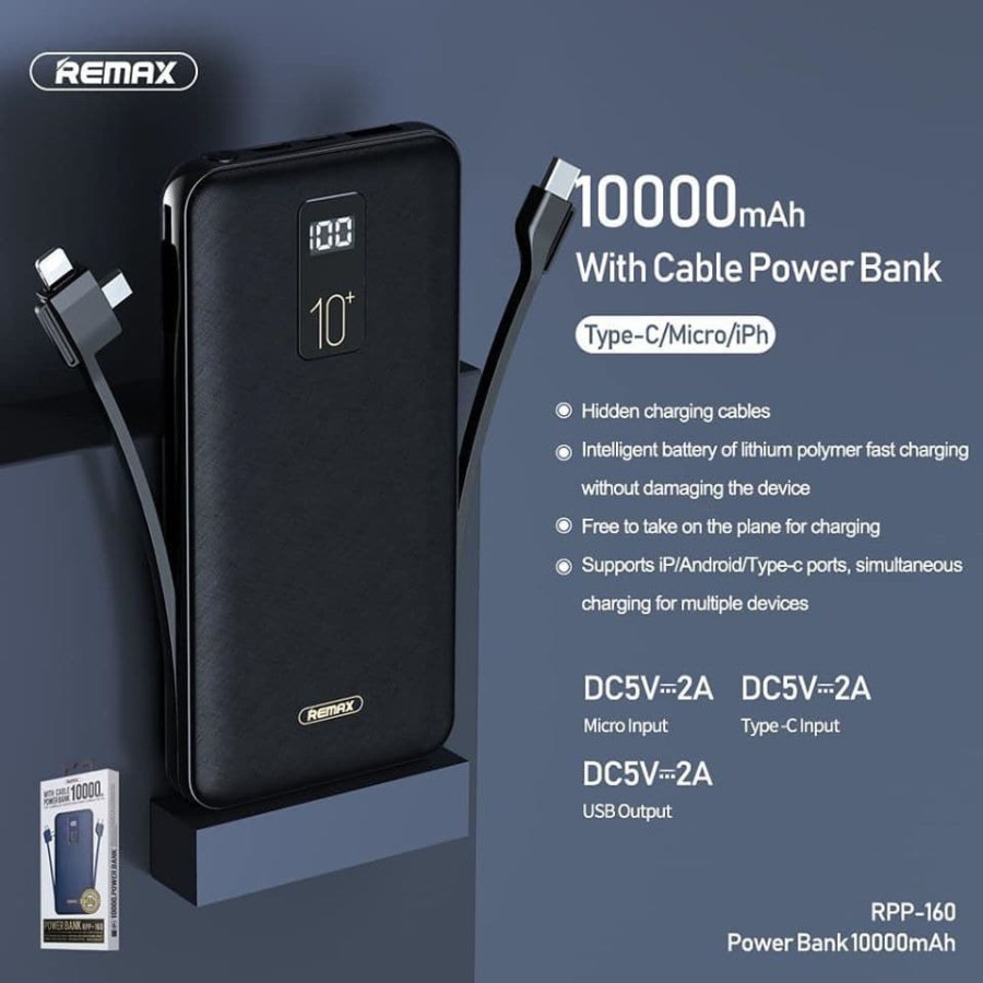 REMAX 10000mAh Power Bank With Cable RPP-160