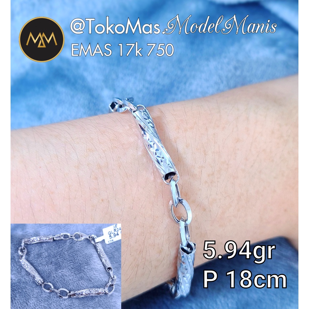 Gelang Rantai Bambu ukir emas putih 750 kadar 17k