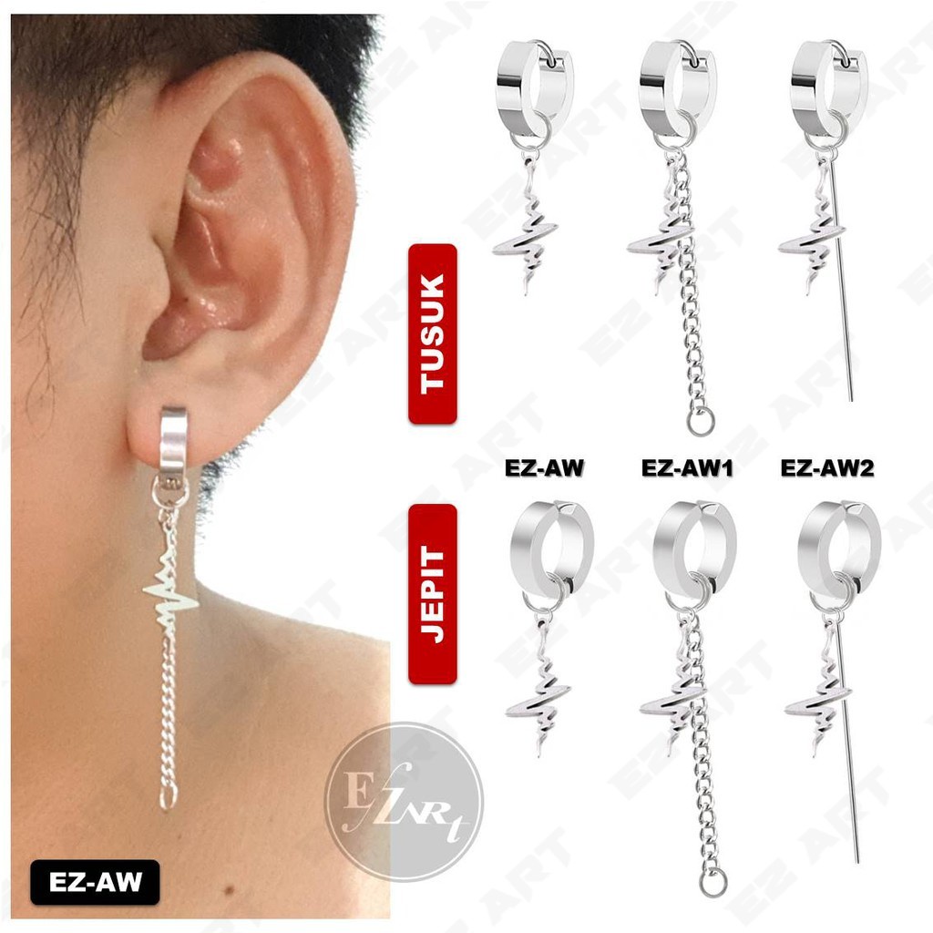 1Pc EZ-AW ANTING JEPIT / TUSUK MODEL DENYUT JANTUNG ECG RANTAI PRIA WANITA TANPA TINDIK