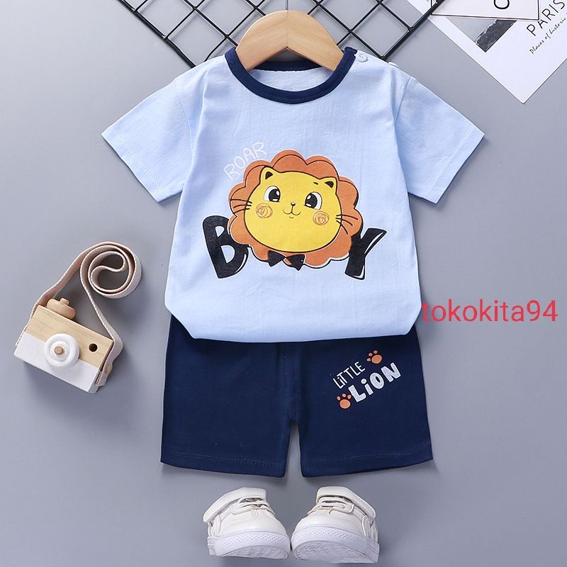 Setelan Baju Anak  Import Motif Lucu Kartun Baju + Celana - Baju Bayi 1Set Atas Bawah Korea Motif Kartun - Baju Anak Homewear 1Set Cewek Cowok Korea Import Lengan Pendek- Stelan Baju Anak Import