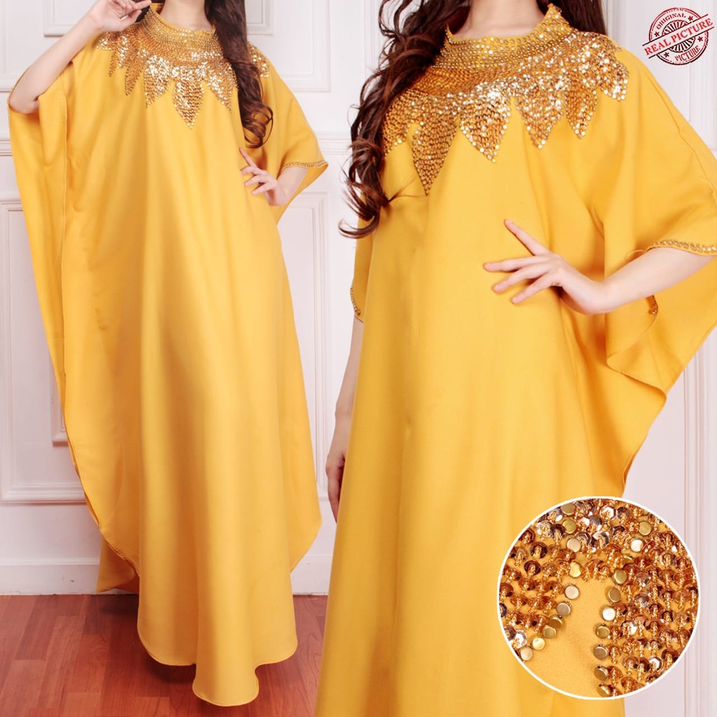 HOPYLOVY - Dress Wanita Model Kaftan Kombinasi Manik Matahari bahan Wollcrepe