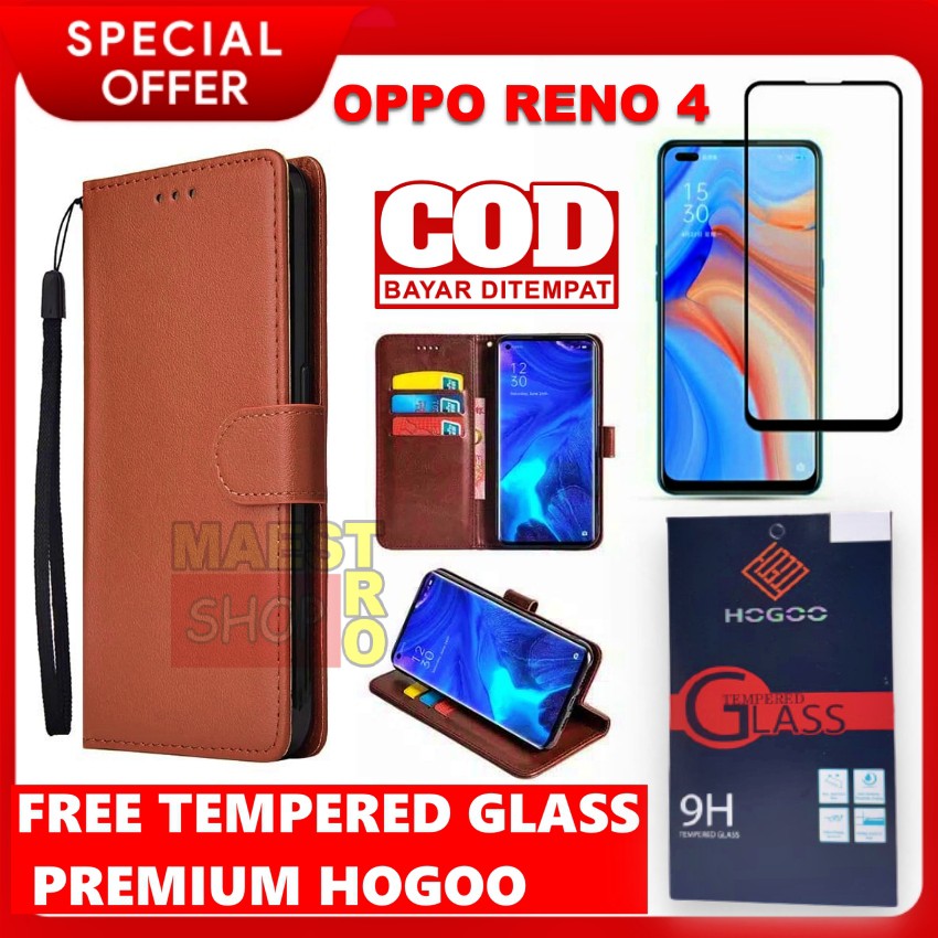 Dompet Hp Untuk Oppo Reno 4 - Leather Flip Case Oppo Reno 4 Free Tempered Glass Oppo Reno 4